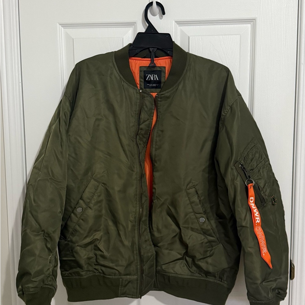 Zara Men's Green Bomber Jacket with Orange Accents!